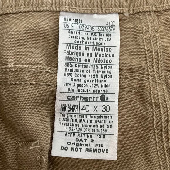 Carhartt Cat2 - 2112 7 Pocket Cotton Nylon Flame Resistant Pants Tan 40x30 NWOT - Picture 10 of 13